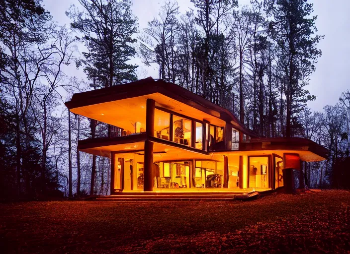 Prompt: landscape photography contemporary mansion, in the woods, warm lightning, beautiful, clouds, kodachrome, 4 k, hd