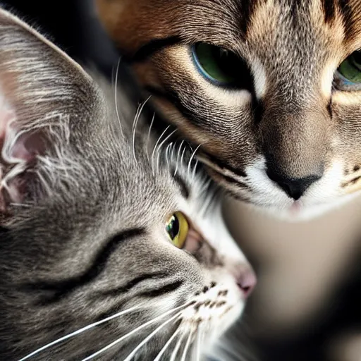 Prompt: Photo of two cats chatting, close-up.