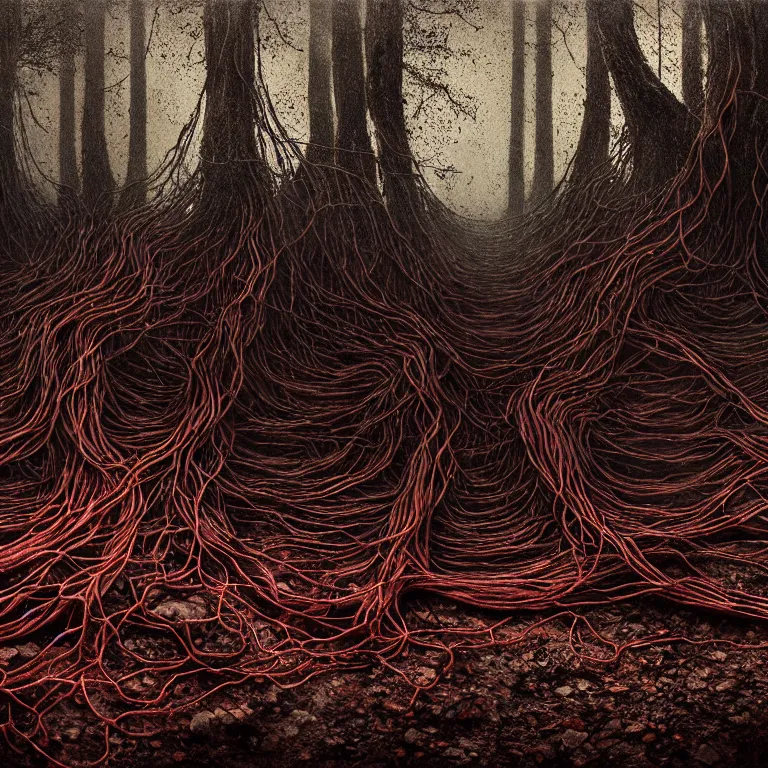 Image similar to still life of ribbed abandoned forest portrait, red color scheme, covered with roots, wires, tubes, standing in a desolate empty wasteland, creepy, nightmare, dream-like heavy atmosphere, surreal abandoned buildings, baroque painting, beautiful detailed intricate insanely detailed octane render trending on Artstation, 8K artistic photography, photorealistic, chiaroscuro, Raphael, Caravaggio, Beksinski, Giger