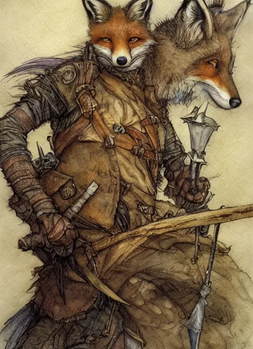 Image similar to portrait of a fox - faced ranger, human features, dnd, gwelf, highly detailed, perfect lighting, watercolor and ink illustration, muted colors. perfect composition, 4 k, by brian froud, larry macdougall, jean - baptiste monge, arthur rackham