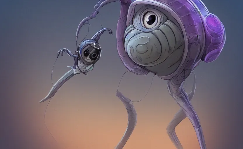 Prompt: highly detailed cell - shaded cartoon ofa miniature alien creature. 1 9 7 0 s science fiction, moody, misty, depth perception, 4 k, artstation, in the style of studio ghibli
