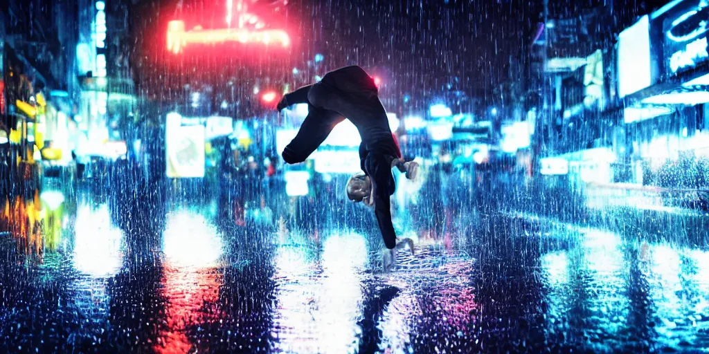 Prompt: slow motion film still of futuristic break dancer wearing dark suit with neon lights, long exposure shot , at night in the middle of a rainy street, paddle of water, water splashes, rim lights, glossy reflections, octane render, detailed and soft, by laurie greasley