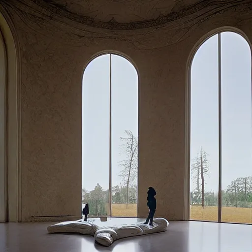 Image similar to giant Italian modern castle living room, clean minimalist design, that is 1300 feet tall, a sculpture installation of a series of 8 feet tall modern mirror finish, smooth, organic shaped sculptures by Tony Cragg, photo by Annie Leibovitz