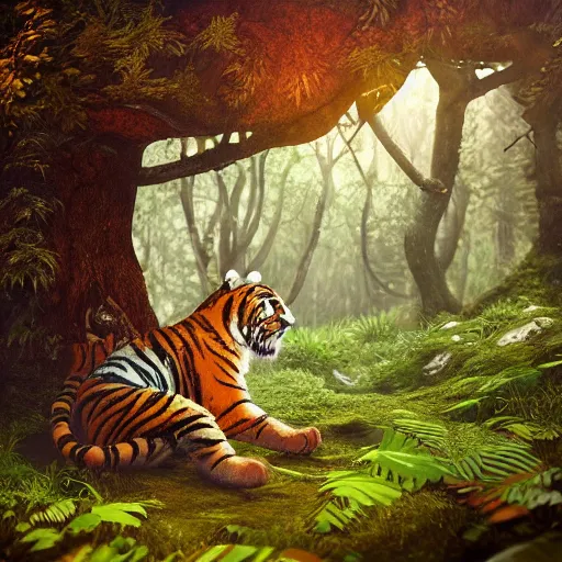 Image similar to fantasy tiger in a forest, landscape, highly detailed, sharp focus, octane render, illustration, 8k, trending on Artstation