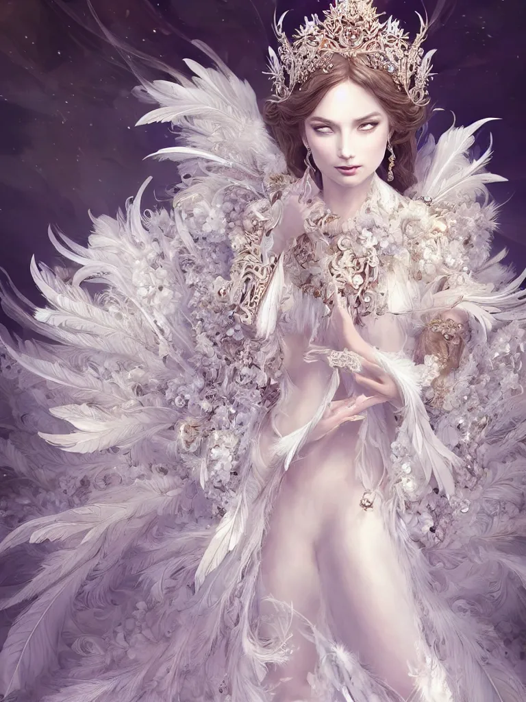 Prompt: A beautiful fantasy empress, highly detailed full body, detailed intricate white flower tiara, feathers, (wearing aristocrat robe), highly detailed figure, fractal crystal, epic composition, ultra wide-shot, dynamic pose, concept art, beautifully lit, digital painting, smooth, desaturated color theme, character design, sharp focus, elegant, intricate, post processing, artstation, by WLOP, mucha, James Jean, Victo Ngai, ryohei hase