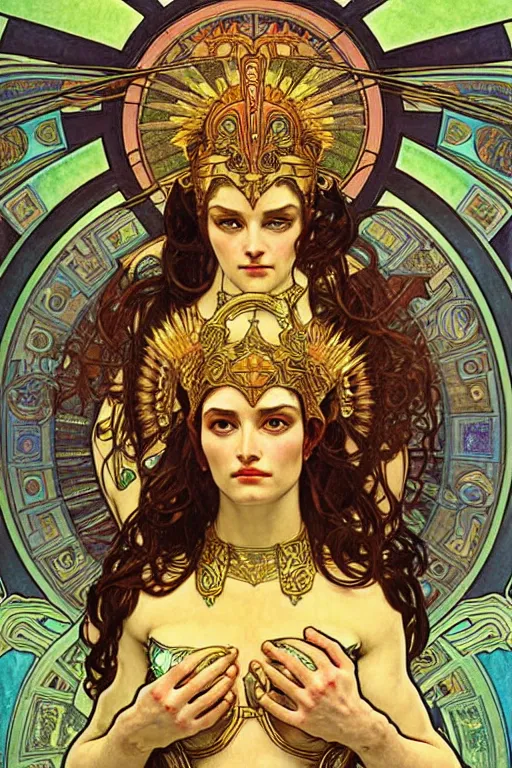 Image similar to The Godess Hera looking angry, detailed armor, portrait, highly detailed, colored pencil, beautiful face, symmetric face, cinematic, art by Alphonse Mucha