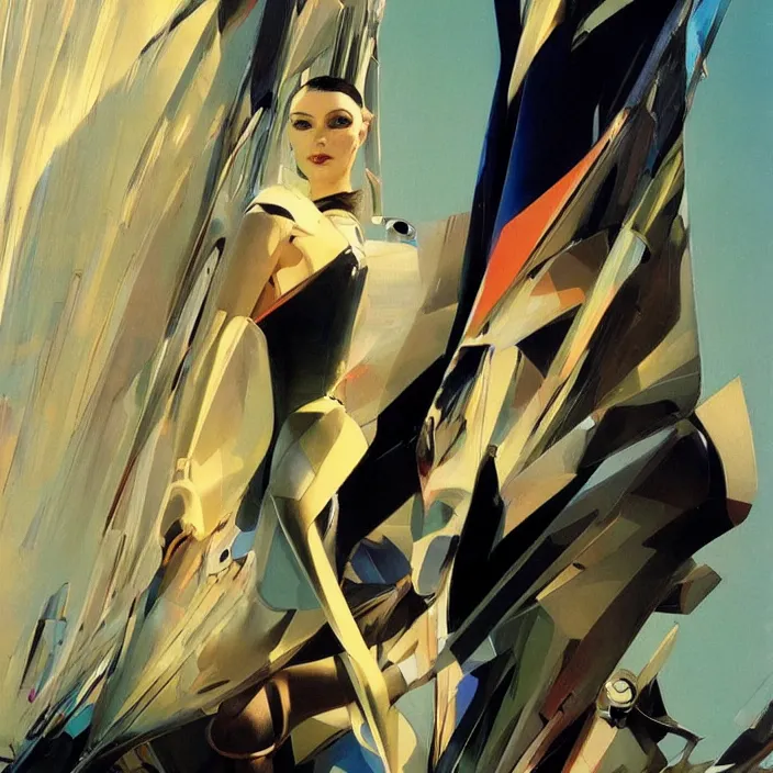 Image similar to gdansk girl, full body, high fashion, futurism, aerodynamic, flowing, intricate, slick, highly detailed, digital painting, vogue, concept art, smooth, sharp focus, hd, art by syd mead and john berkey and annie leibovitz