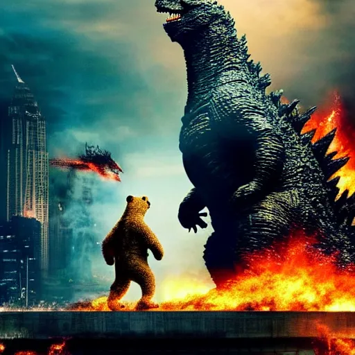 Prompt: godzilla with the head of winnie the pooh and the face of xi jinping, cinematic composition, epic dramatic lighting, realistic, hyperdetailed, photorealistic, photograph, epic scale