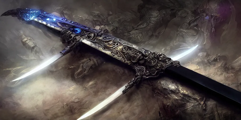 Image similar to legendary cybernetic sword lying flat on a glowing table with a long sharp black and iridescent sword blade, digital award winning hd matte painting, intimate dark moody, intricate, ornate spikes, colorful hilt, detailed realistic, raytraced blade, colored gems, future golden technological pommel, in the style of greg rutkowski and krenz cushart, deviantart