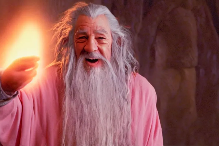 Prompt: portrait of Gandalf wearing pink Hello kitty costume, laughing maniacally, looking at a playing card in his hand, sunrise, movie still from Lord of the Rings, cinematic
