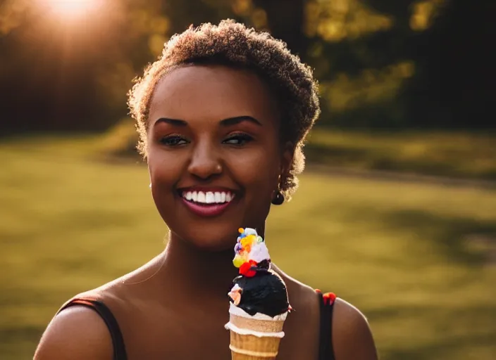 Prompt: a 3 5 mm photo of a young black woman holding an ice cream cone, splash art, movie still, bokeh, canon 5 0 mm, cinematic lighting, dramatic, film, photography, golden hour, depth of field, award - winning, anamorphic lens flare, 8 k, hyper detailed, 3 5 mm film grain