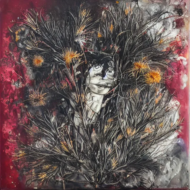 Prompt: “ charred, bushfire, a portrait in a female art student ’ s apartment, australian wildflowers, sensual, queer woman, flax, flannel flower, bottlebrush, eucalyptus, art supplies, a candle dripping white wax, squashed berries, berry juice drips, acrylic and spray paint and oilstick on canvas, surrealism, neoexpressionism ”