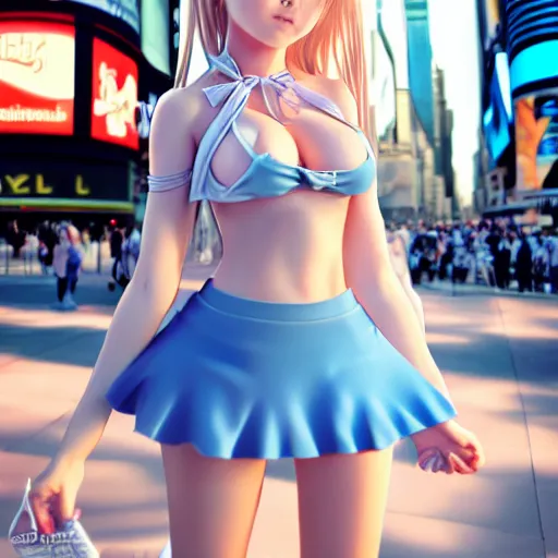 Image similar to a very beautiful young anime giantess, full body, standing in time square, long wavy blond hair, sky blue eyes, full round face,, bikini, miniskirt, front view, mid - shot, highly detailed, cinematic wallpaper by stanley artgerm lau