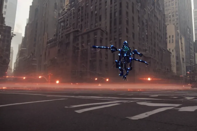 Image similar to VFX movie of a flying dark futuristic robot hero with 6 arms levitating on New York street, steam vent, by Emmanuel Lubezki