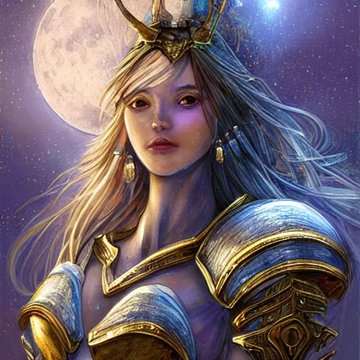 Image similar to portrait knights of Zodiac girl, main in white and second metalic blue color reflected armor, in ruined Agora of Athens luna night and firefly and star sparkles, ssci-fi, fantasy, intricate, very very beautiful, elegant, golden light, highly detailed, digital painting, artstation, concept art, smooth, sharp focus, illustration, art by tian zi and WLOP and alphonse mucha