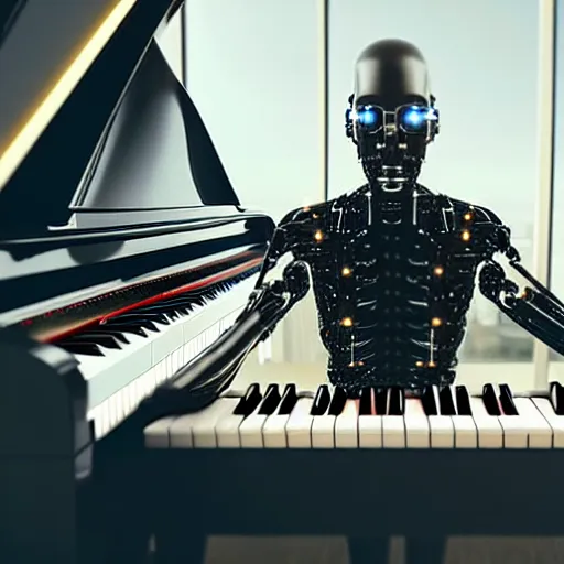 Image similar to a cyborg playing the piano in a futuristic apartment, award winning art, 4k, highly detailed, sharp focus, cinematic lighting, smooth