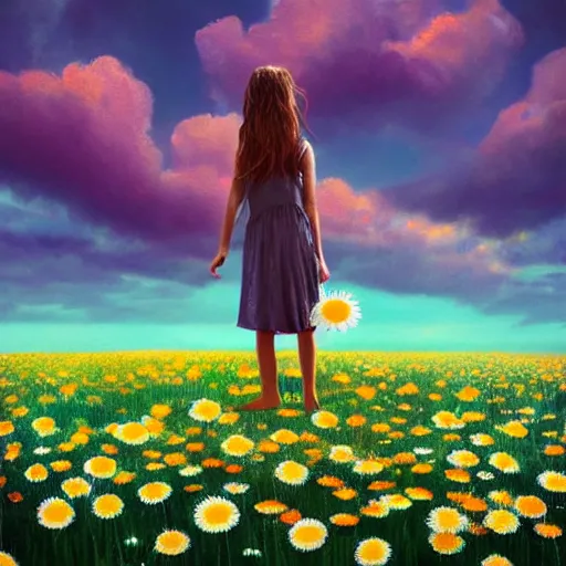 Image similar to head made of giant daisies, girl standing barefoot in a vast flower field, holding flowers, surreal photography, sunrise dramatic light, impressionist painting, colorful clouds, large sky, digital painting, artstation, simon stalenhag, flower face