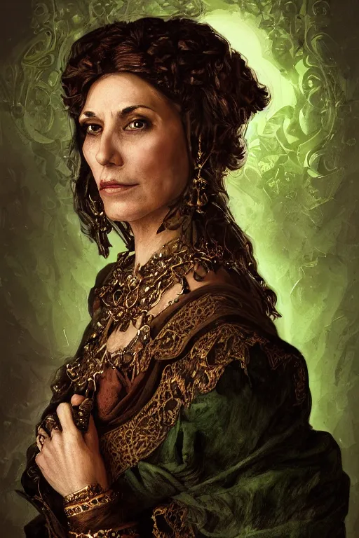 Image similar to portrait, headshot, digital painting, of a 17th century, beautiful, middle aged, middle eastern, wrinkles, wicked, cyborg merchant woman, dark hair, amber jewels, baroque, ornate dark green clothing, scifi, futuristic, realistic, hyperdetailed, concept art, chiaroscuro, side lighting, art by waterhouse