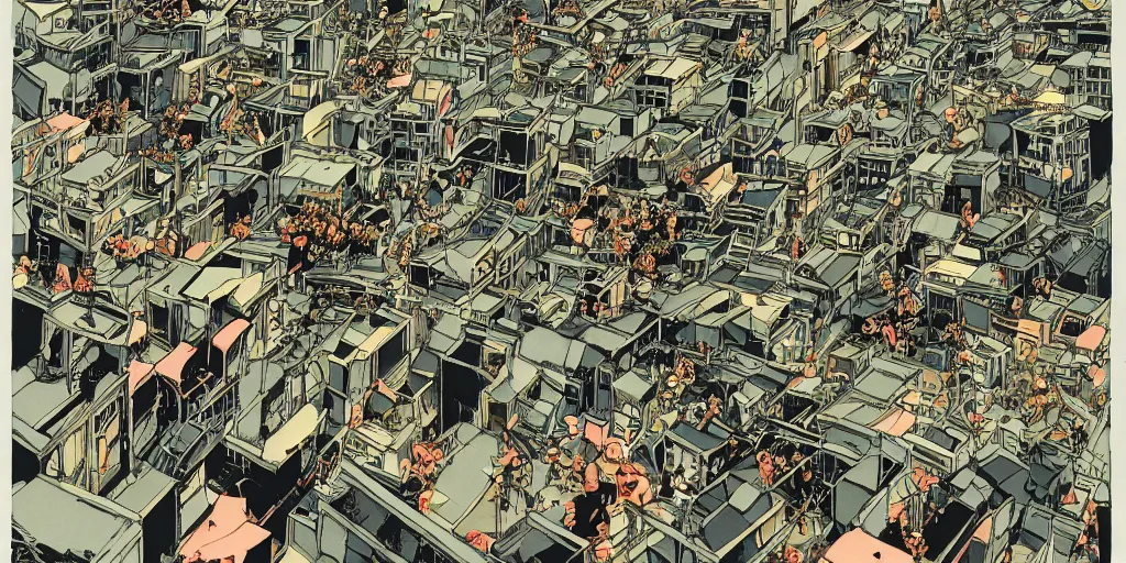 Image similar to a tight shot of a dozen monkeys attacking a city in Japan by Ashley Wood, 3 point perspective, rule of thirds