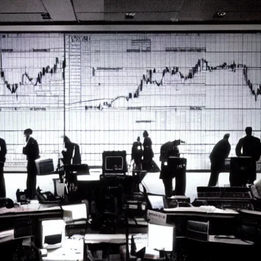 Image similar to stock market crash, traders panicking, red screens, wall st trading floor, black monday crash 1 9 8 7, cinematic lighting, epic composition