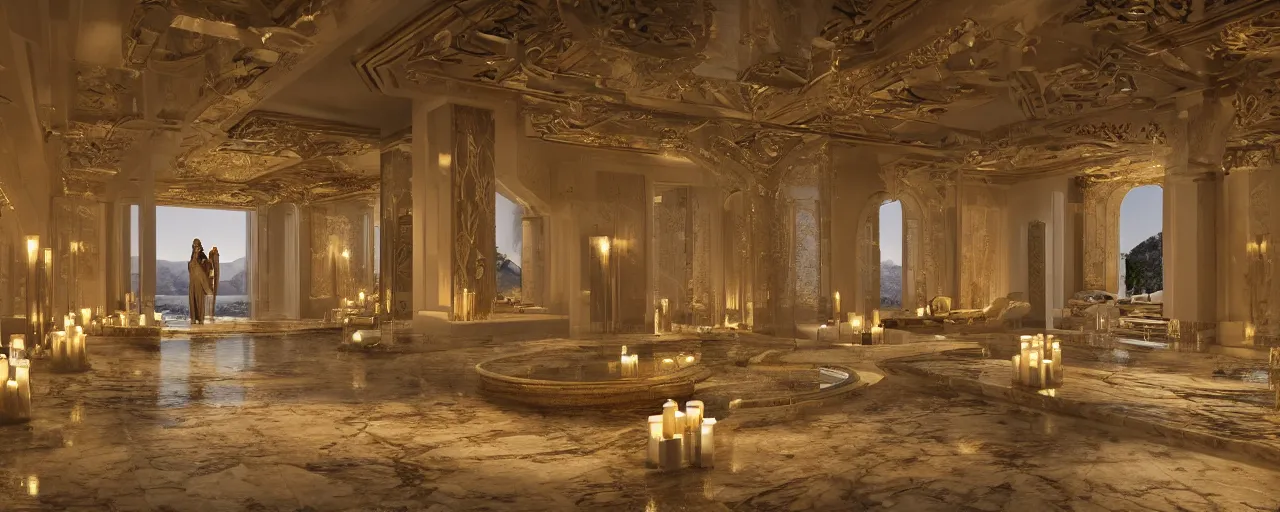 Image similar to photo of a cinematic interior of a triple height hyper luxury spa with everything made of gold, candles, windows with view to desert mountains and river, beige stone marble floor with reflection, small wellness relaxation pool, intricate hieroglyph detailed roof, contemporary design, fractal sacred geometry, 8 k, hyperrealistic, photorealism,