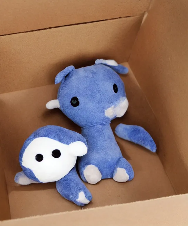 Prompt: a plushie in a cardboard box