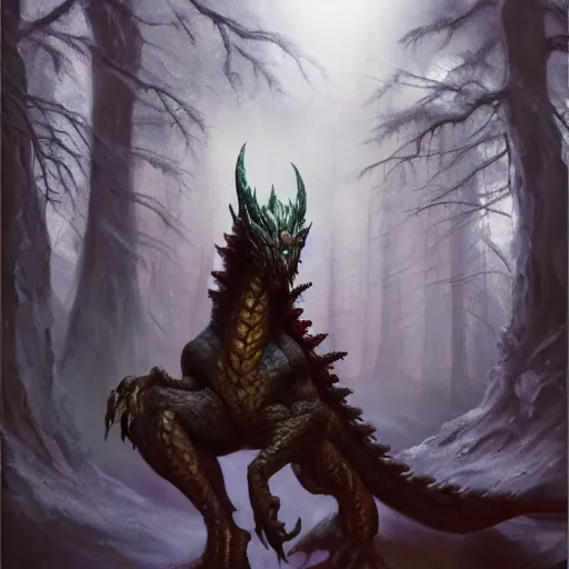 Image similar to oil painting of dragon in cold forest, dnd character, fantasy, realistic textured skin, big lizard head, glowing eyes, clear clean, artgem, boris valejo, frank frazetta, heavy metal style, trending on artstation, digital painting, julie bell, beautiful, very detailed,