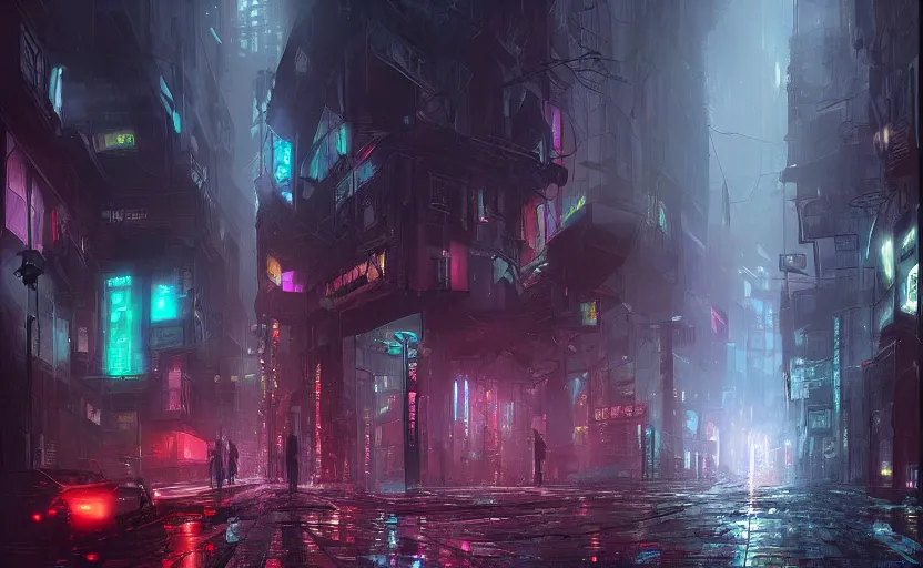 Prompt: dark street in a cyberpunk metropolis, heavy rain, by William-Adolphe Bouguerea, Jordan grimmer, fractal flame. Highly_detailded