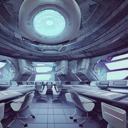 Prompt: detailed sci - fi art, artstation style, honeycomb halls, interior, futuristic government chambers, very large hall with many cubicles of desks and chairs arranged in circles, many computer screens, soft lamp illumination and multiple doorways, synthwave, futuristic utopian architecture