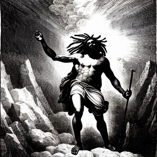 Image similar to black man with dreads ascending into heaven holding stacks of cash, biblical image, style of gustave dore, highly detailed, beautiful, high contrast, black and white