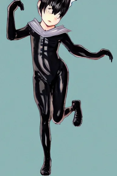 Image similar to attractive little boy in black latex suit with cape an cat ears, artwork made by hiroshiko araki