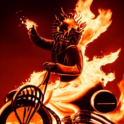 Image similar to a man with a burning skull head riding a flaming motercycle