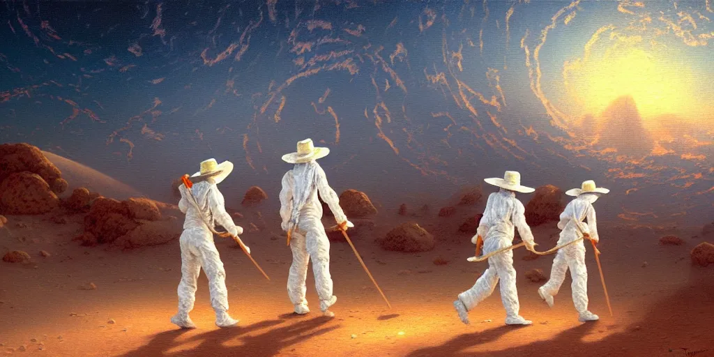 Prompt: a detailed painting of ghosts wearing white sheet with a straw hat dancing on mars by thomas kinkade. trending on artstation