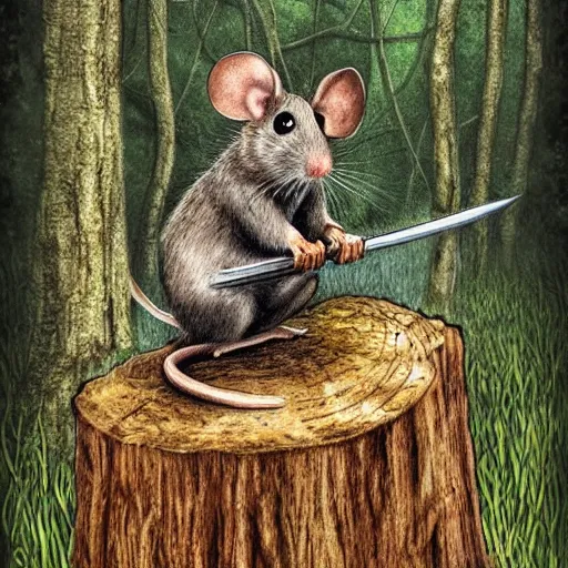 Image similar to Mouse Guard sits on a stump holding a sword, in deep forest, by rivuletpaper, rivuletpaper art, Mouse Guard by David Petersen, mouse photo, small details, realistic illustration,