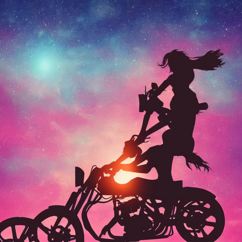 Prompt: woman silhouette on a motorcycle, stary sky, retrowave sunset, art station, movie poster