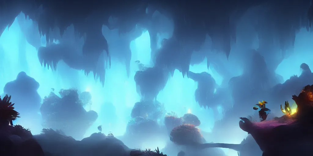 Prompt: huge dark cave with cinematic lighting in the style of ori and the blind forest, 4k, 8k