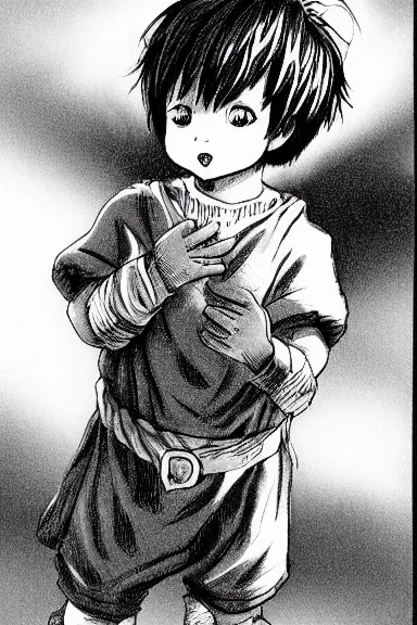 Prompt: attractive little boy wearing an bunny suit, black and white artwork made by kentaro miura