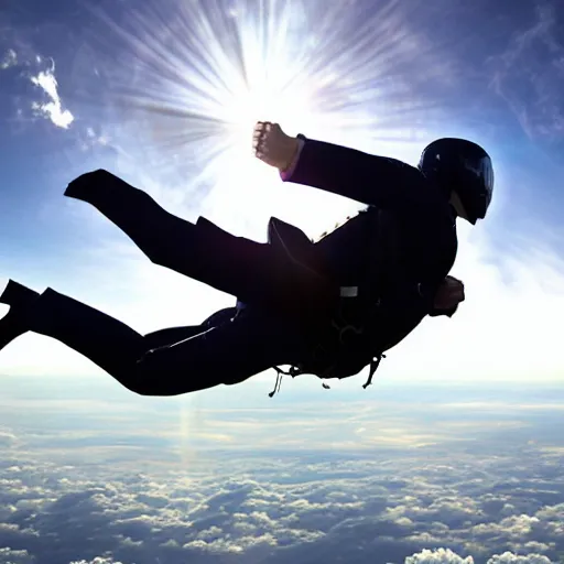 Prompt: drama photo of a man in a buisness suit skydiving, from the view of someone on the ground, beautiful dramatic clouds illuminated by the sun in the style of craig mullins