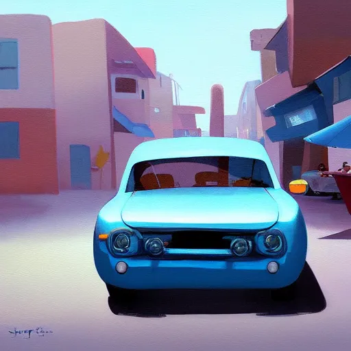 Image similar to goro fujita ilustration off - road car with luggage on a street in a town, painting by goro fujita, sharp focus, highly detailed, artstation