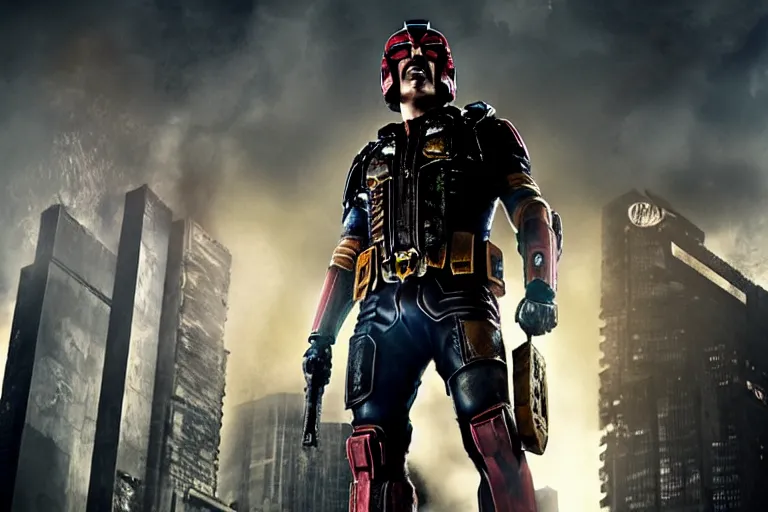 Image similar to Ryan Reynolds as Dredd, movie still, cinematic, sci-fi