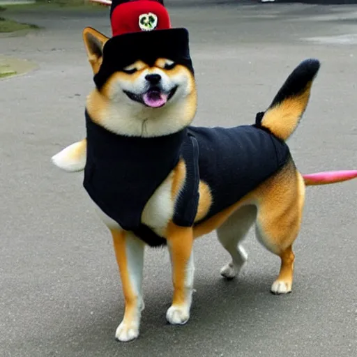 Prompt: shiba inu in a barret outfit