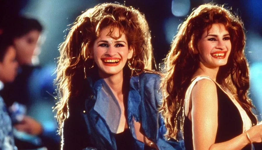 Image similar to Julia Roberts as Selena! singing!! on a stage, 1995 movie, cinematic, beautiful, elegant, single person