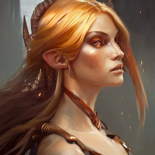 Image similar to A head-on detailed oil fantasy portrait of a pretty elf woman with subtle copper horns, long blonde hair and bright copper irises, by greg rutkowski, trending on artstation, dungeon and dragons art