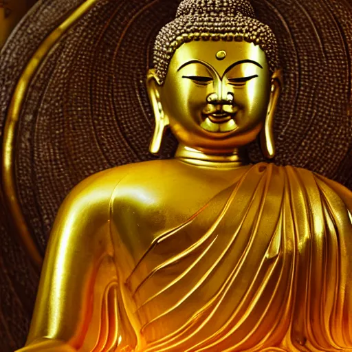 Image similar to photograph of a gold statue of the buddha, 8k, canon eos