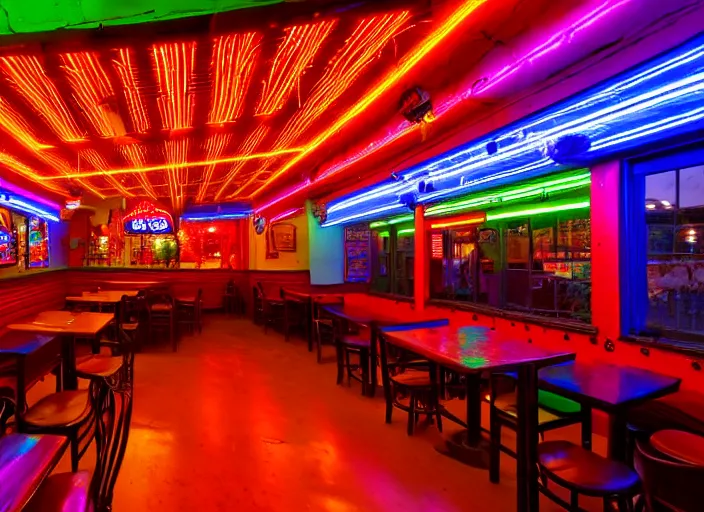 Image similar to photo of a mexican restaurant, neon lights, in a flat snowy field. 35mm. Very detailed 8k. Sharp. Cinematic post-processing. Unreal engine. Ray tracing. Parallax. Tessellation