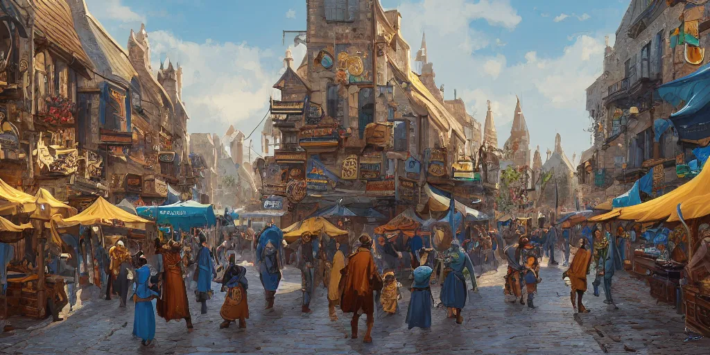 Image similar to a busy fantasy street day market from within a fascinating old city, water streets with gold and blue accented boats by sylvain sarrailh, by sebastian luca, by nicodemus yang - mattisson, cinematic, simple but effective composition, clean lines, beautiful digital painting, oil painting, dungeons and dragons, lord of the rings