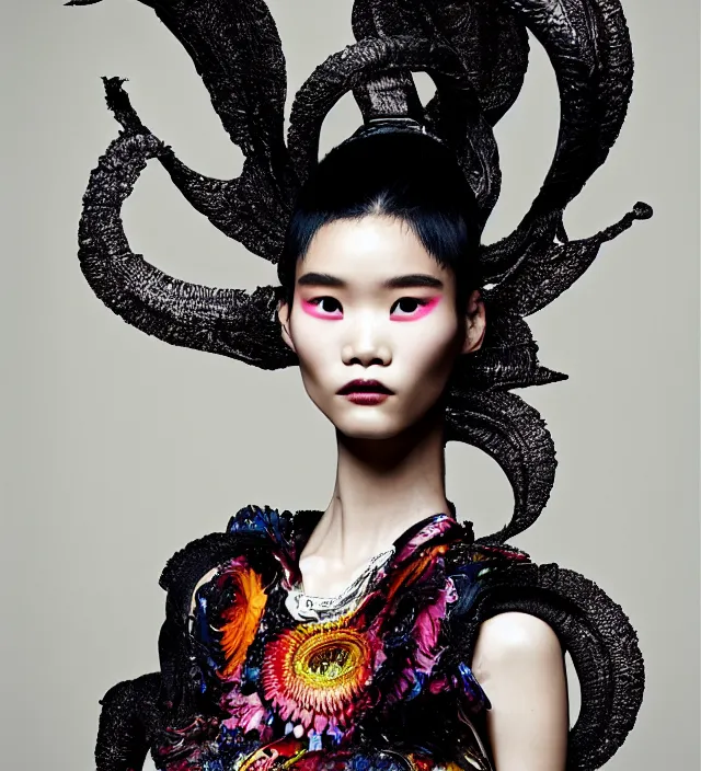 Image similar to photography american portrait of stunning model ming xi. great hair style, half in shadow, natural pose, natural lighing, rim lighting, wearing an ornate stunning sophisticated outfit created by iris van herpen, with a colorfull makeup by benjamin puckey, highly detailed, skin grain detail, photography by paolo roversi