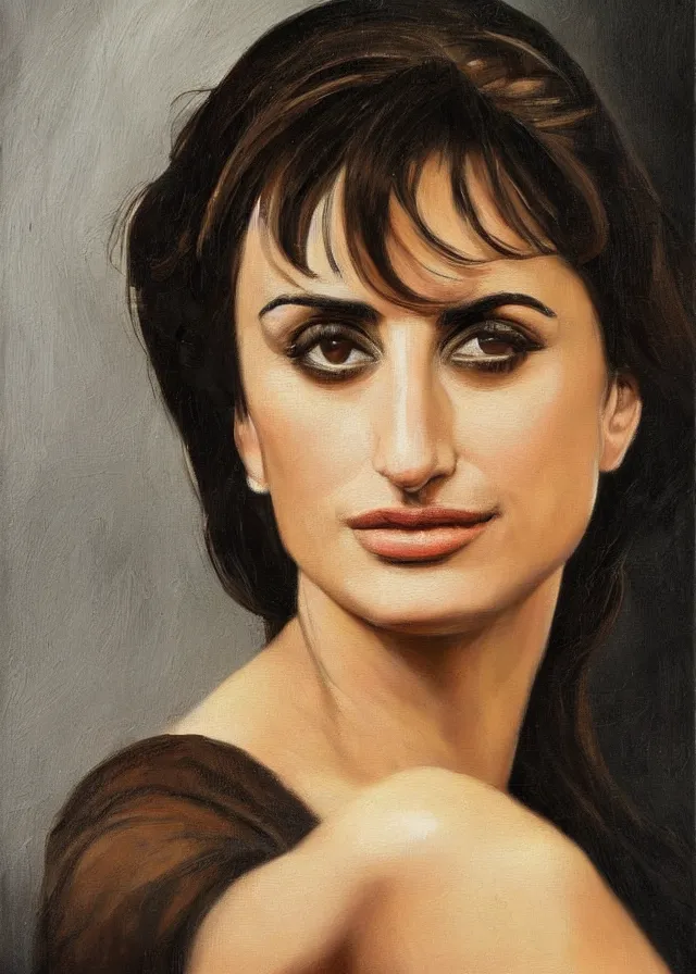 Image similar to oil painting, portrait of penelope cruz, artwork by caravaggio