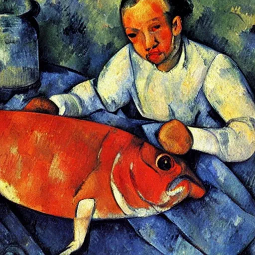 Prompt: dog with red fishes, by cezanne, oil on canvas