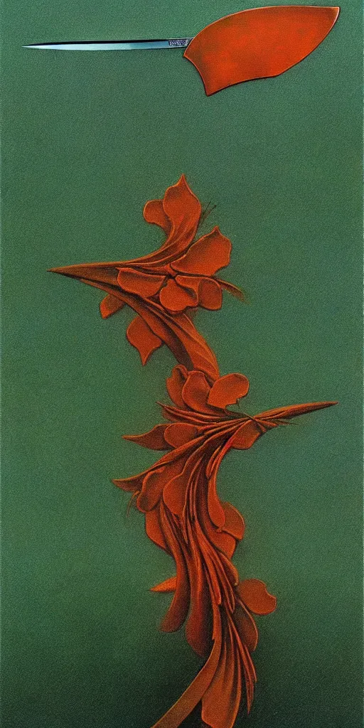 Prompt: a sword made from flower petals in the style of zdzisław beksinski, elegant, copper and emerald, shining